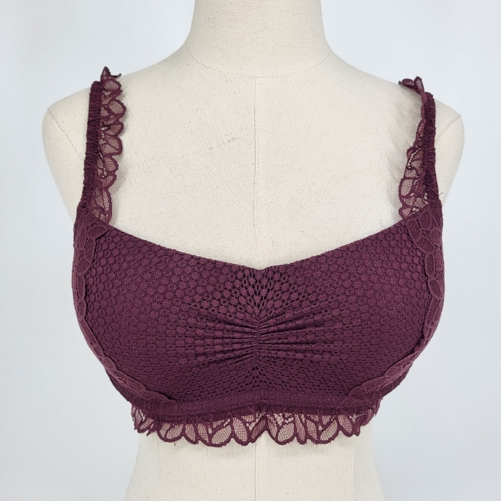 Aerie Floral Lace Bralette Shelf Bra Lined Cups Maroon Burgundy Large NEW NWT - Picture 9 of 9